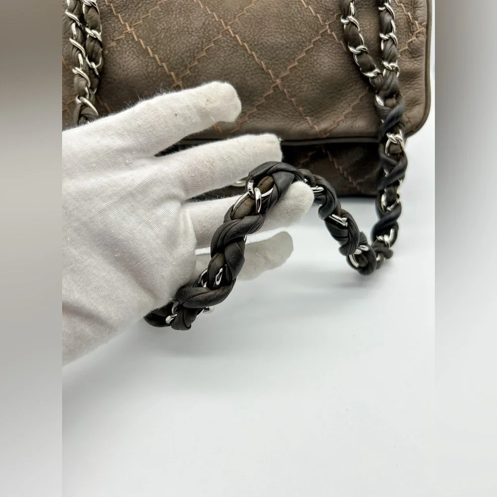 Chanel wild whipstitch flap bag grey suede silver hardware with card
